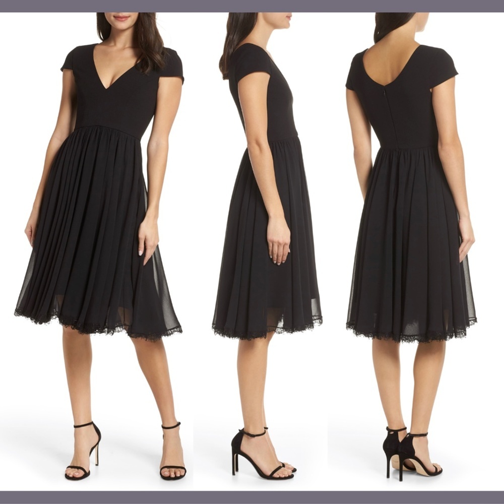 NEW $198 Dress the Population‎ Corey Chiffon Fit Flare Dress Black [SZ XS ]